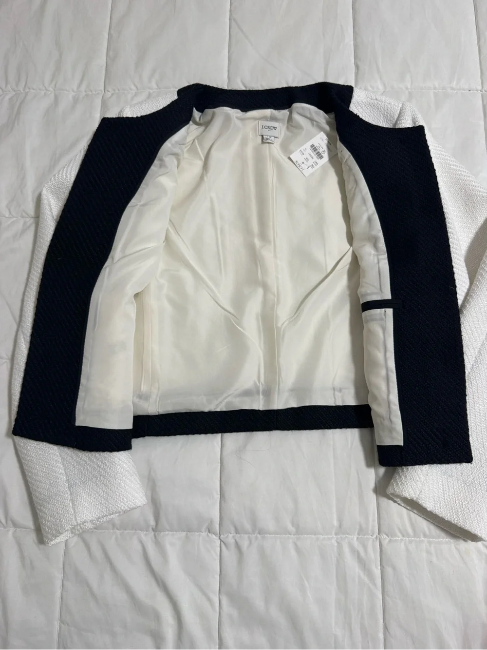 J. Crew White Textured Jacket with Black Trim and Gold Buttons